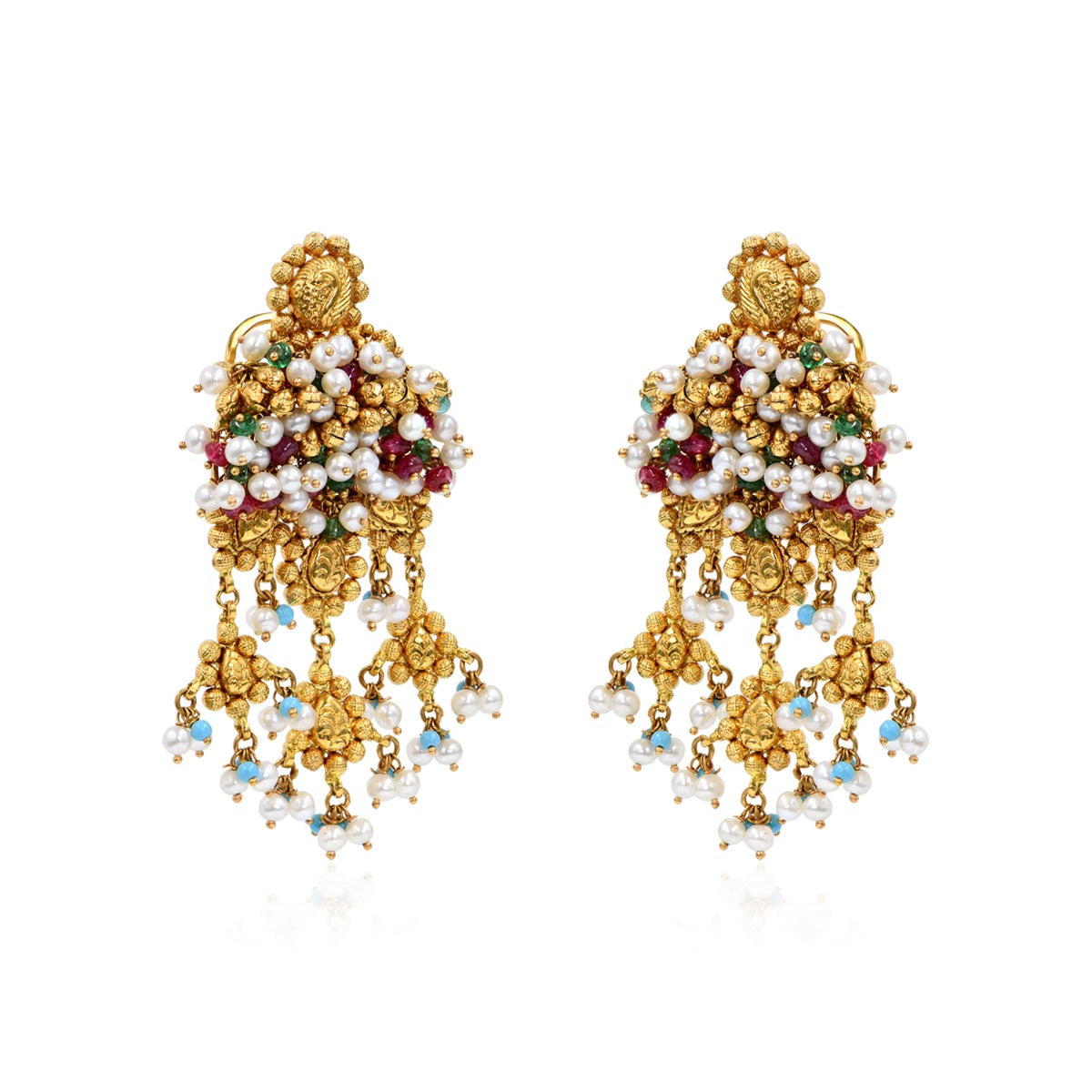Gemstone Cluster Gold Earrings