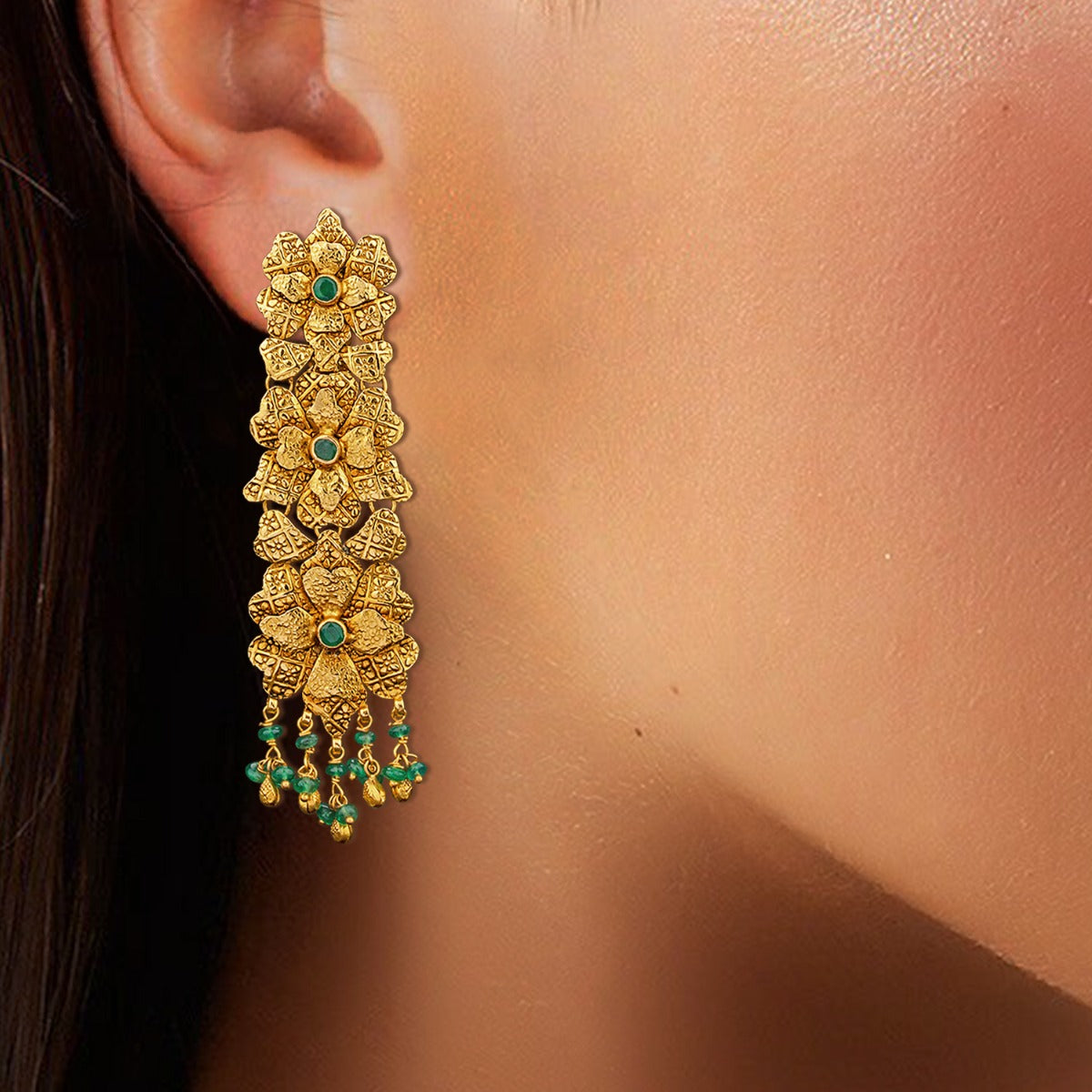 Flowery Shrub Trickling Gold Earrings