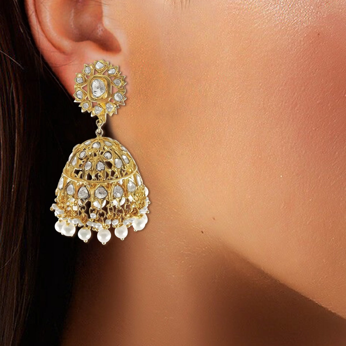Golden Grey Droplet Polki Jhumka