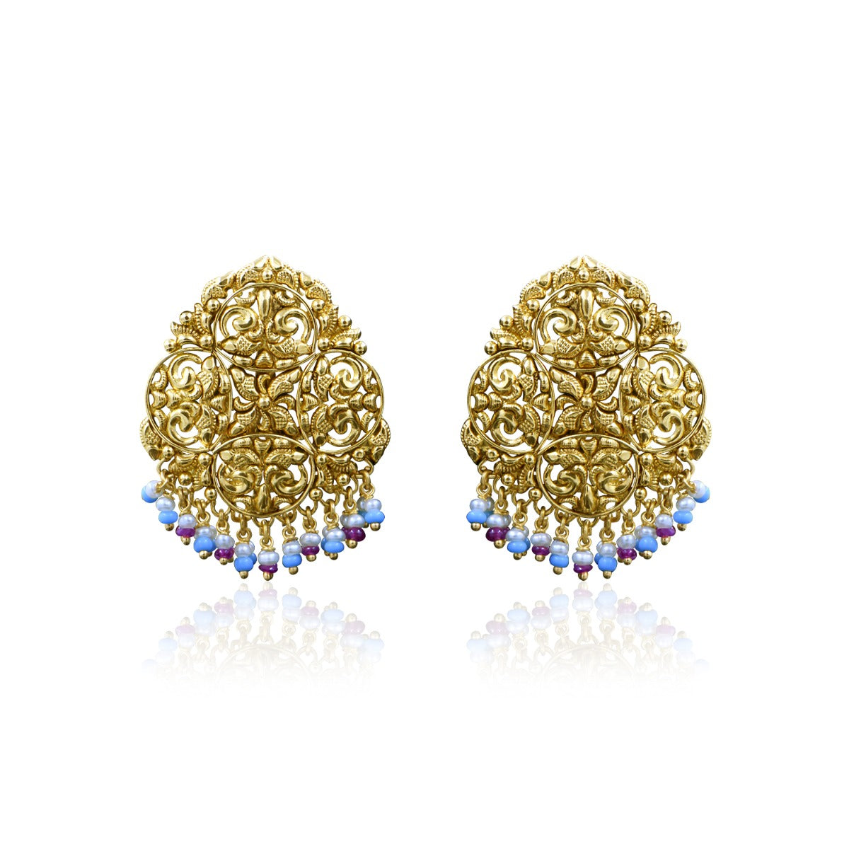 Symmetrical Design Motif Bead Gold Earrings