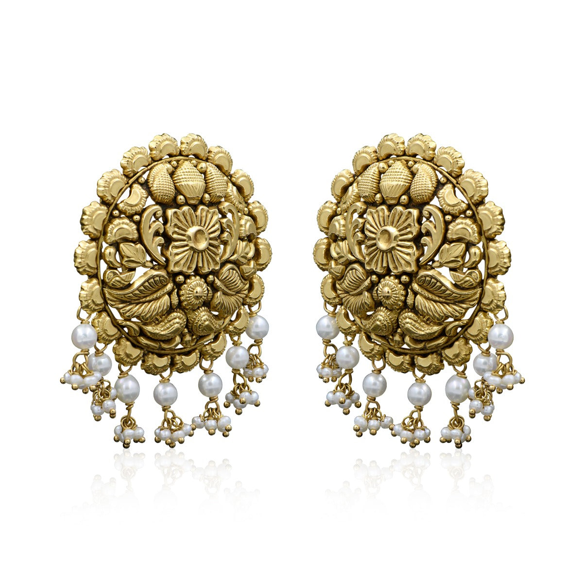 Leafy Motif Round Gold Earrings