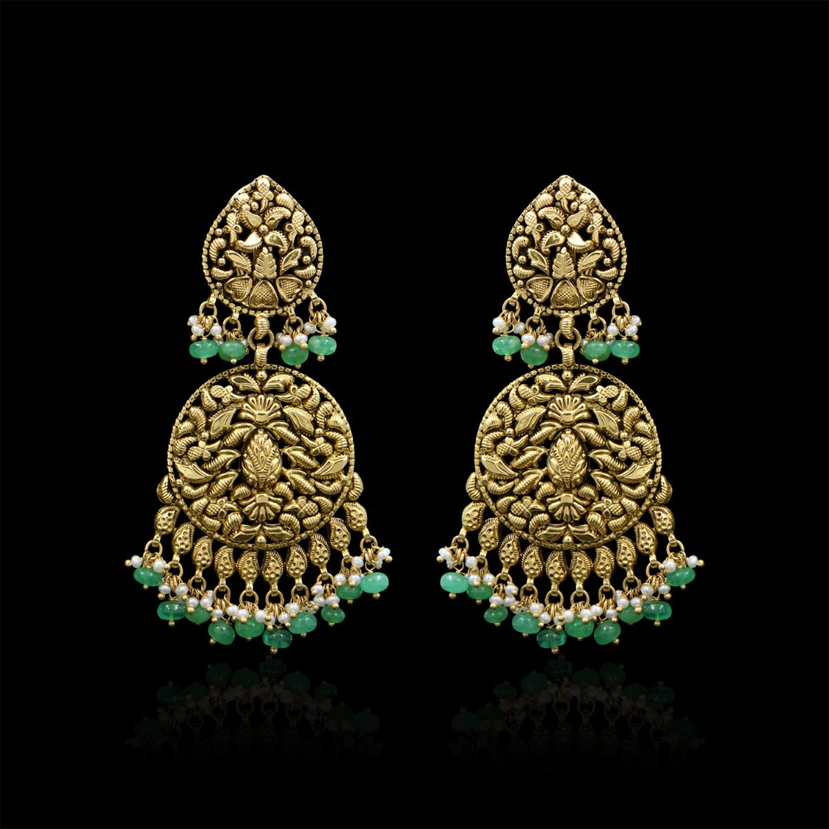 Green Embellished Gold Earrings