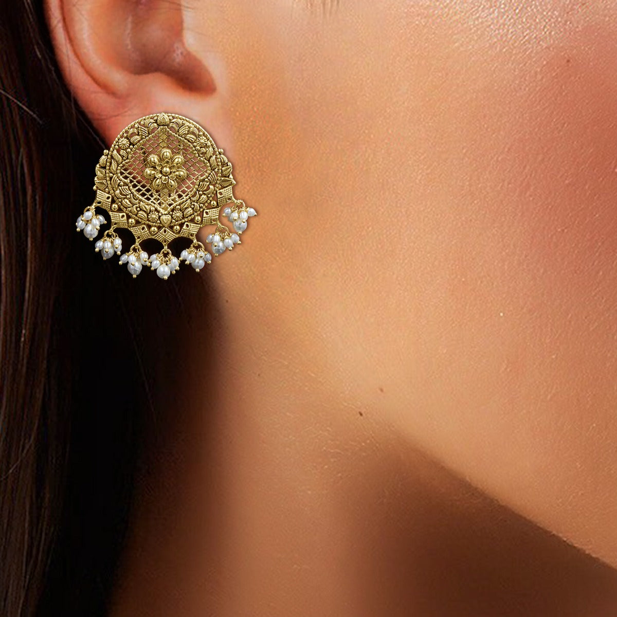Jali Mesh Motif Gold Earrings