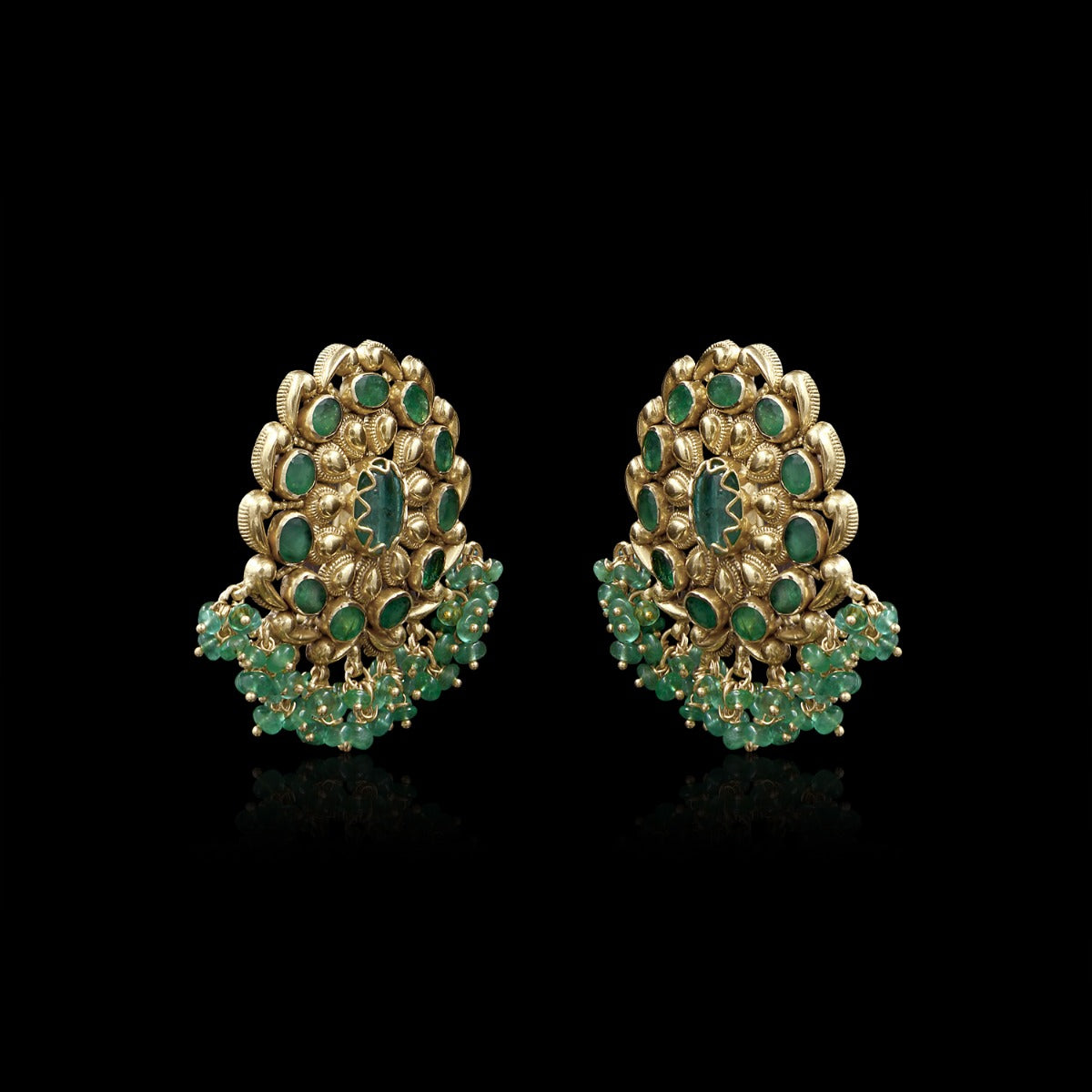 Green Oval Tree Gold Earrings