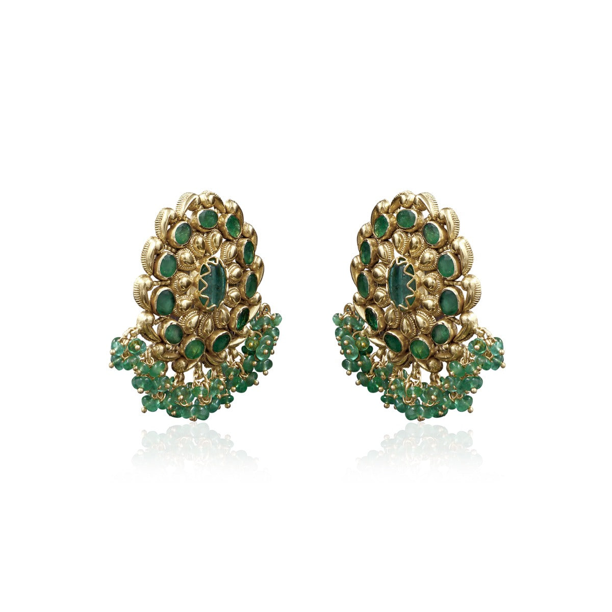 Green Oval Tree Gold Earrings