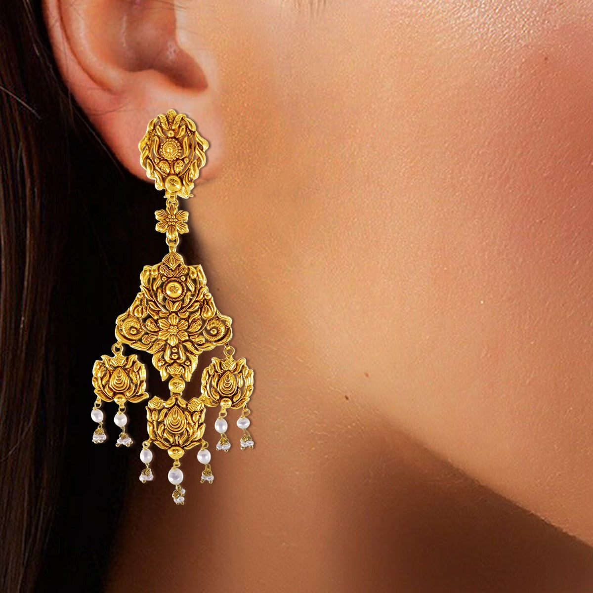 Gold Tassel Floral Gold Earrings