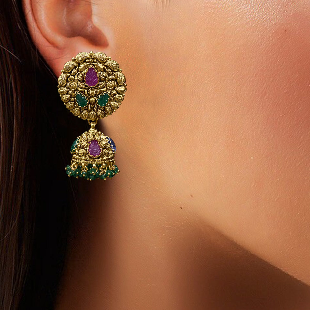 Temple Motif Round Gold Jhumka