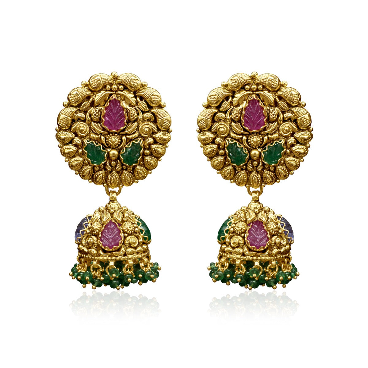 Temple Motif Round Gold Jhumka