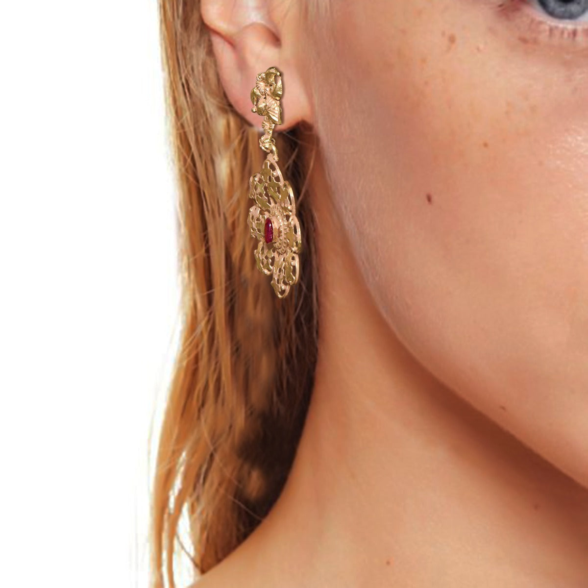 Starry Night Floral Red Gold Earrings