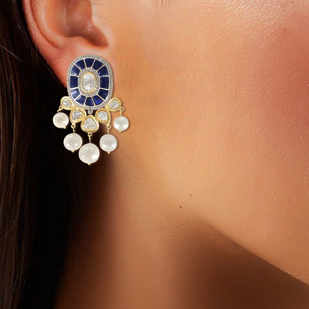 Blue White Pearl Polki Necklace Set
