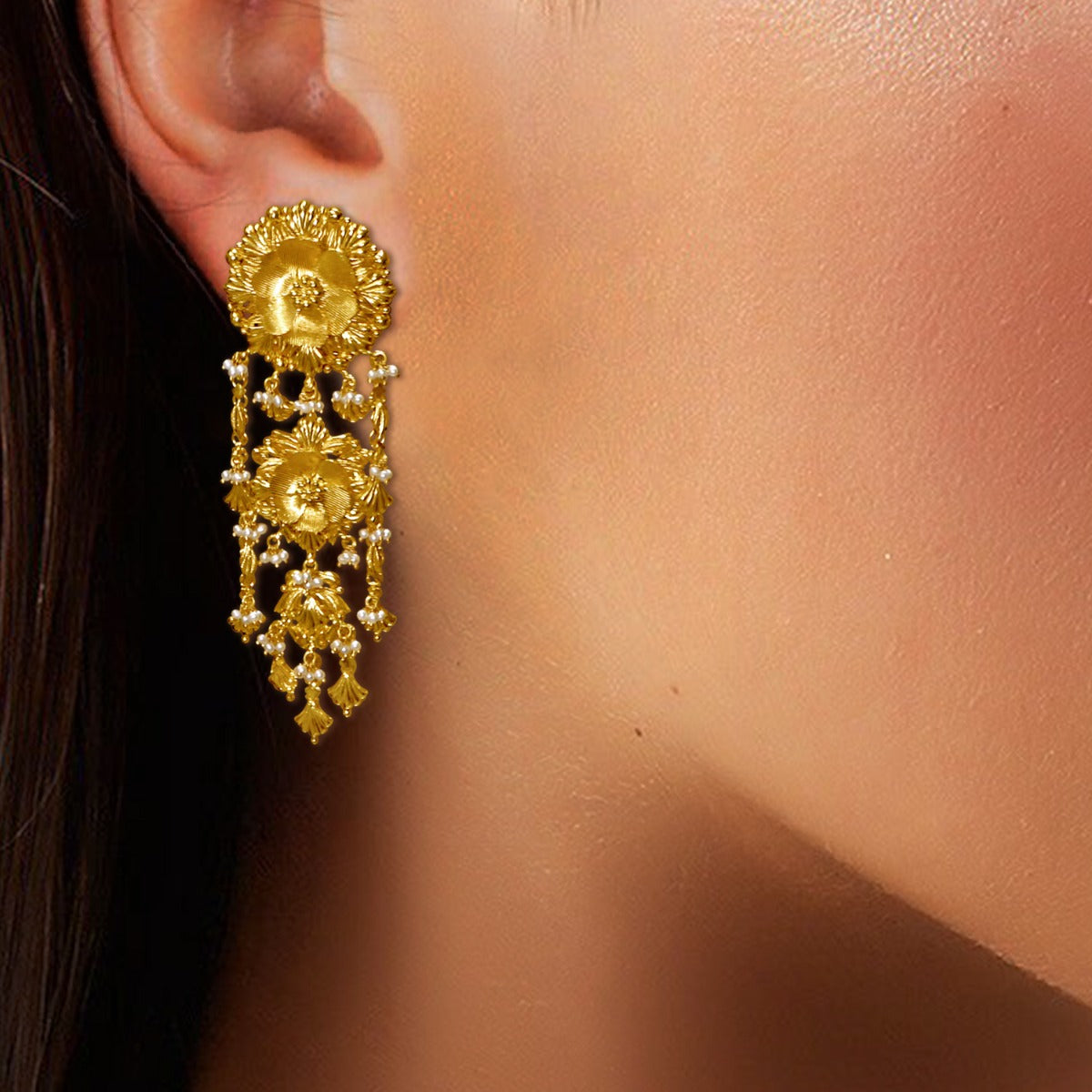 Frilled Flowers Gold Earrings