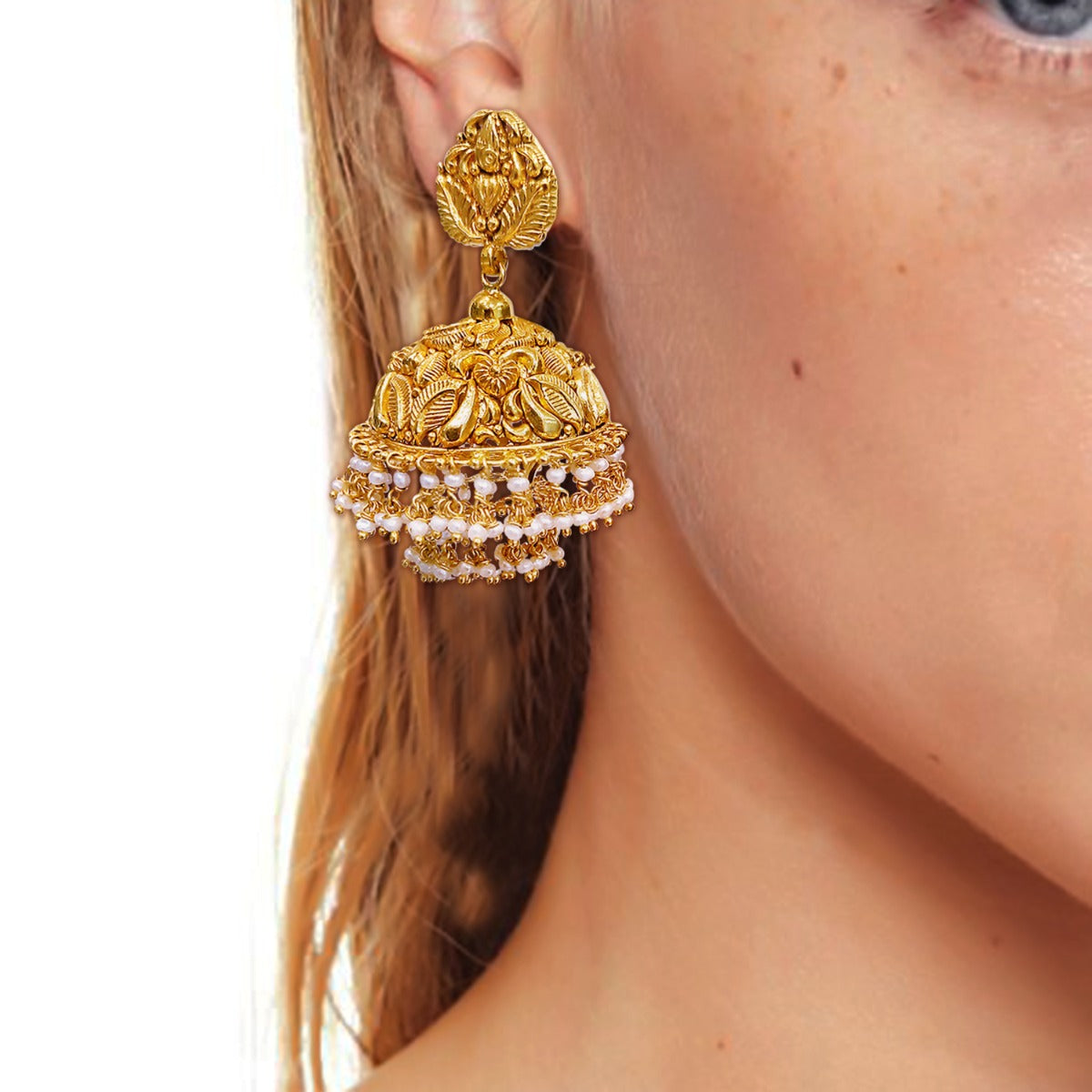 Classic Pearl Leaves Gold Jhumka