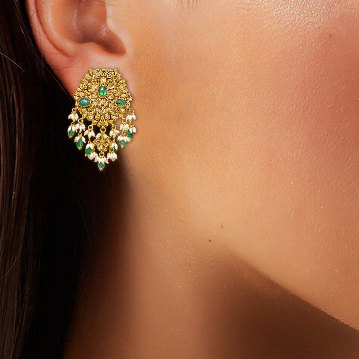 Green Dotted Gold Earrings