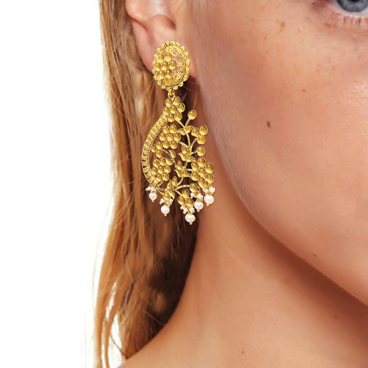 Floral Pear Drop Gold Earrings