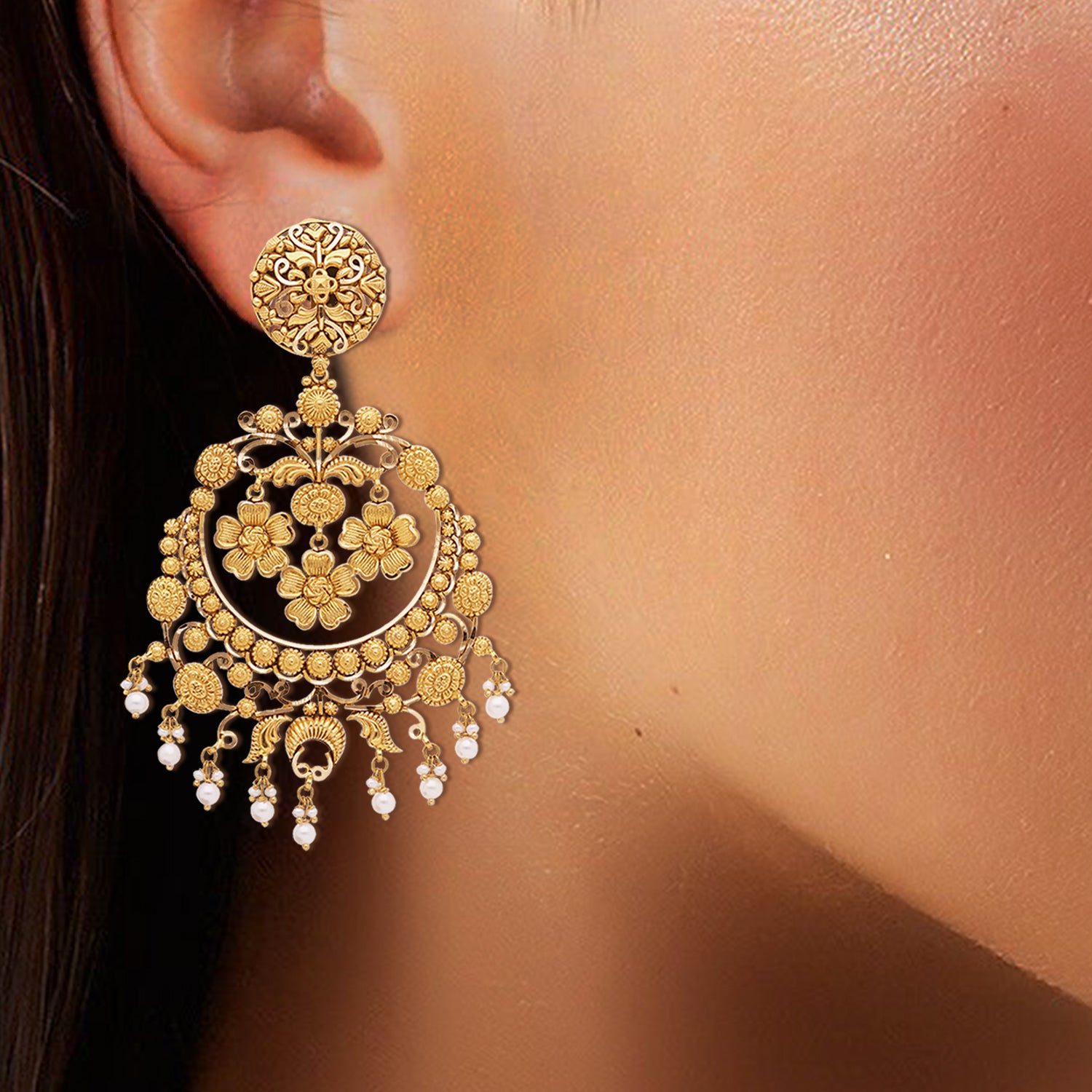 Tri Fleur Gold Chandbali