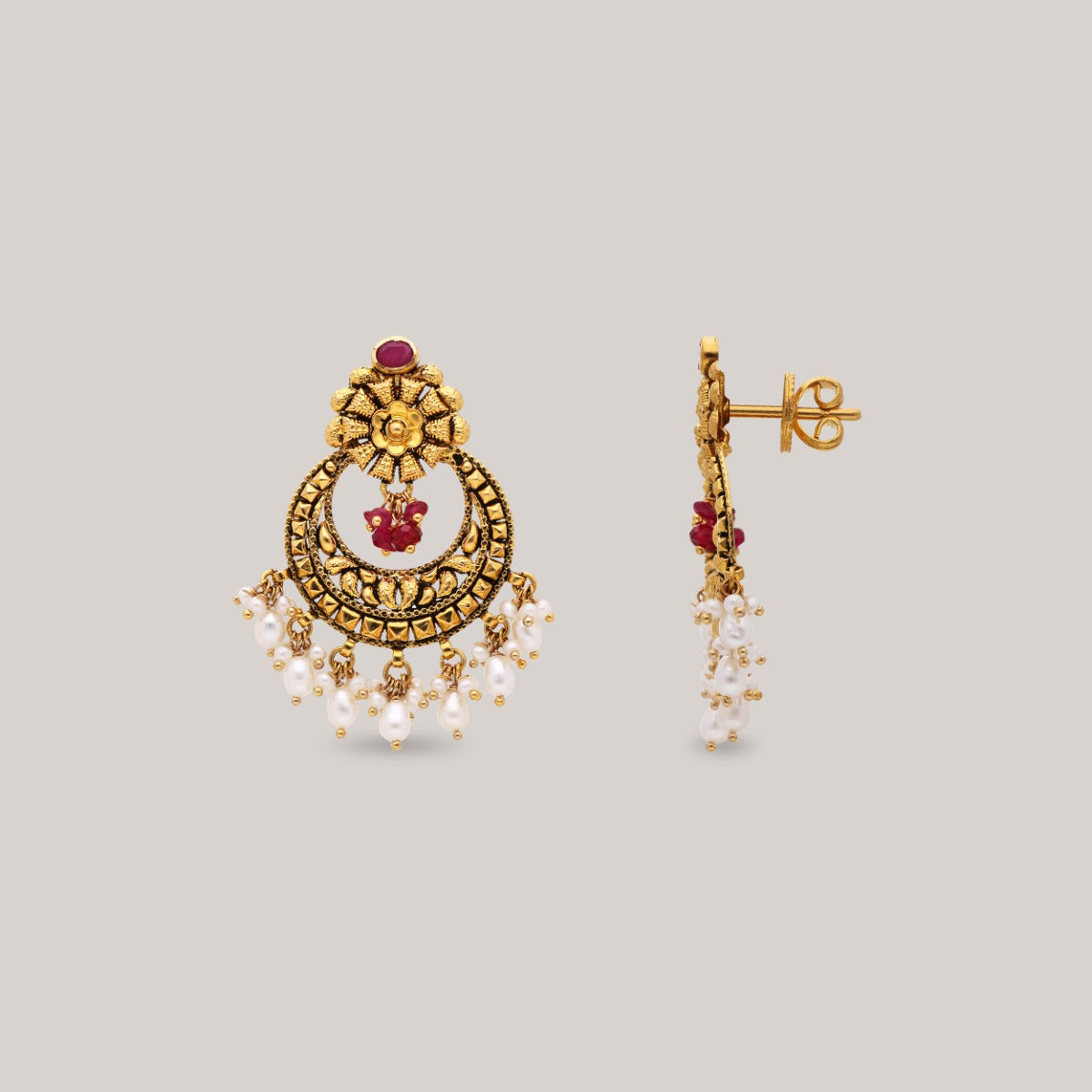 Regal Pearl Crescent Gold Earrings