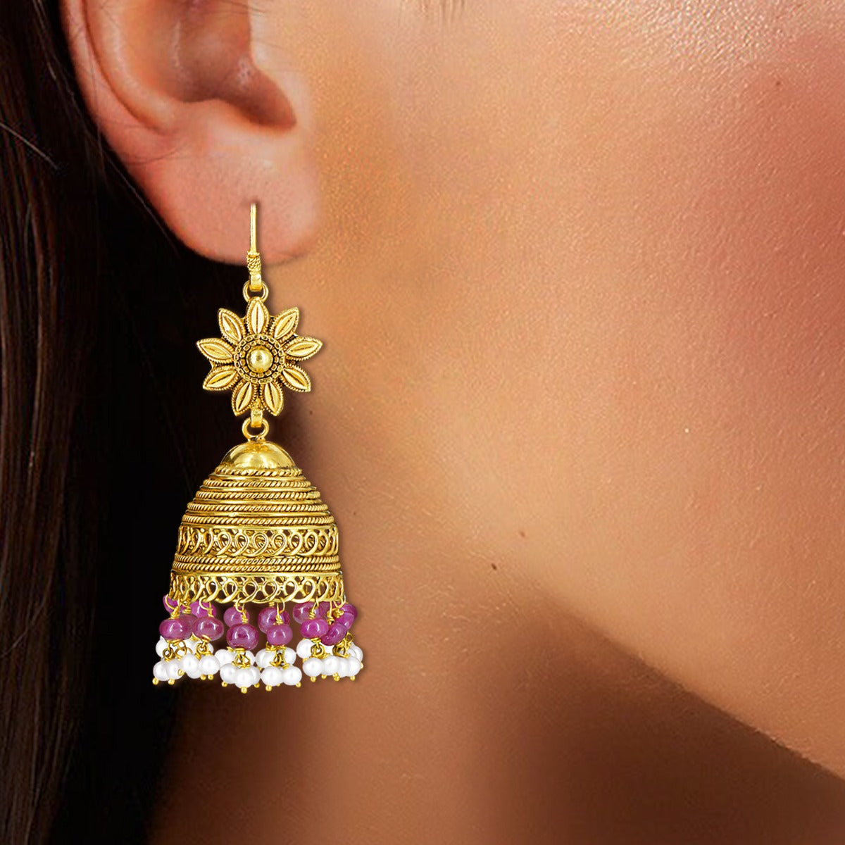Floral Mound Gold Jhumka