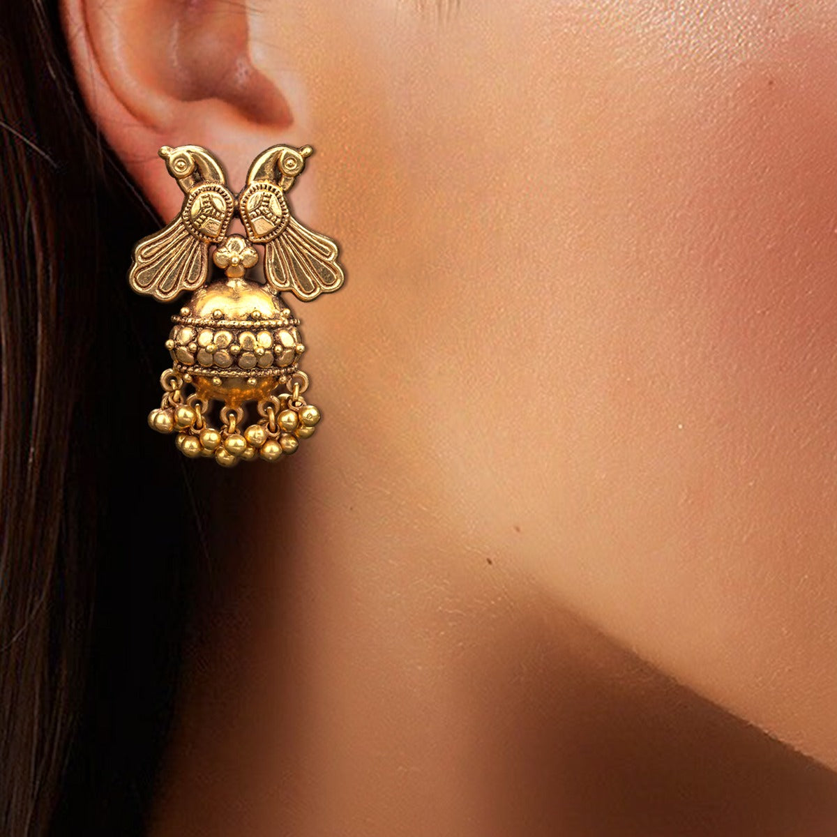 Peacock Duo Temple Gold Earrings