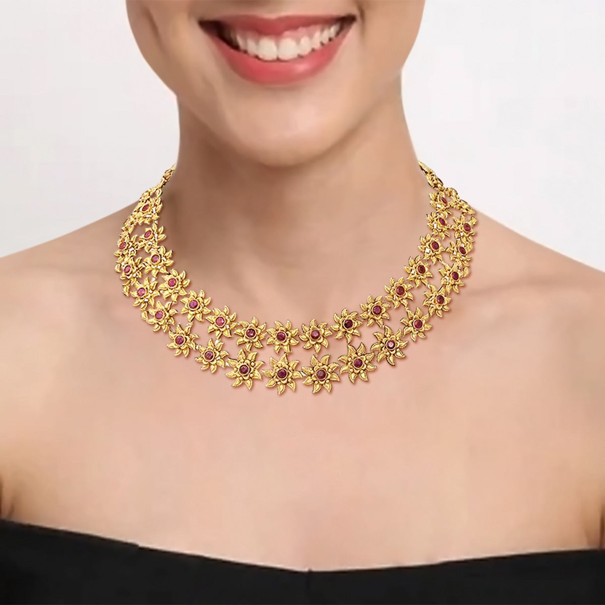 2 Line Floweret Cluster Gold Necklace