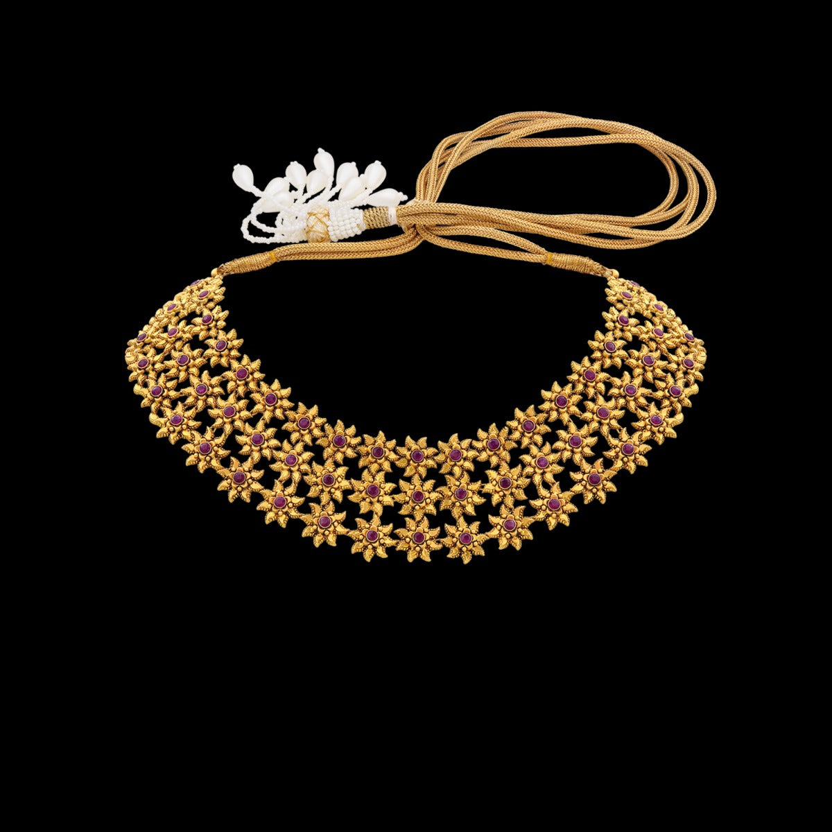 3 Line Floweret Cluster Gold Necklace