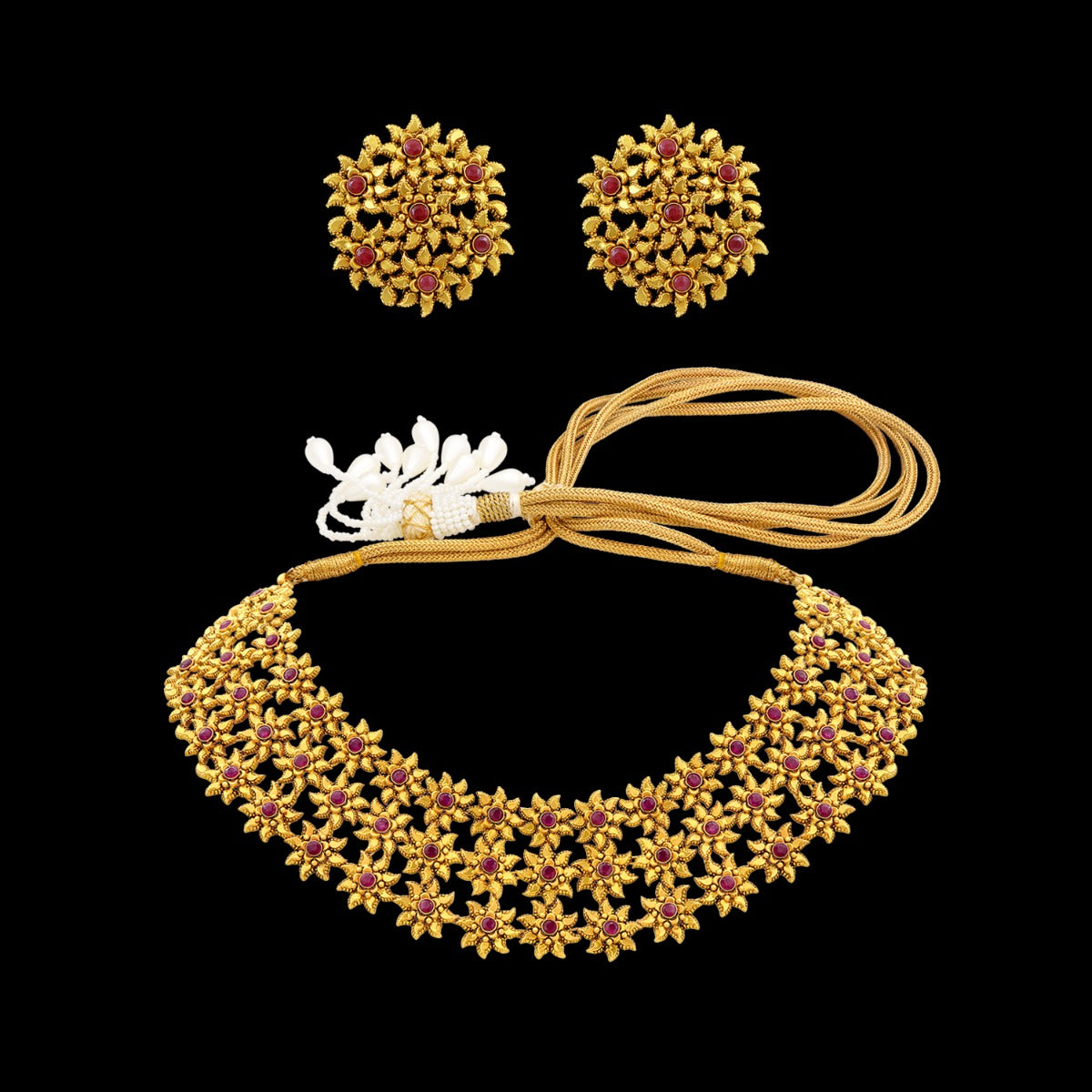 3 Line Floweret Cluster Gold Necklace Set