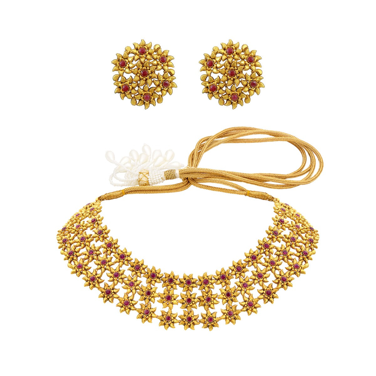 3 Line Floweret Cluster Gold Necklace Set