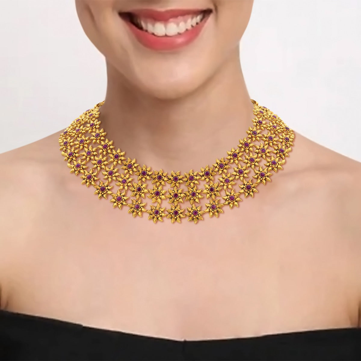3 Line Floweret Cluster Gold Necklace Set
