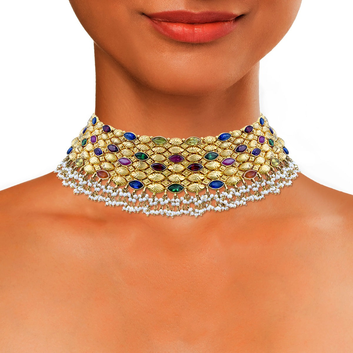Gold Choker With Multi Stones & Pearls
