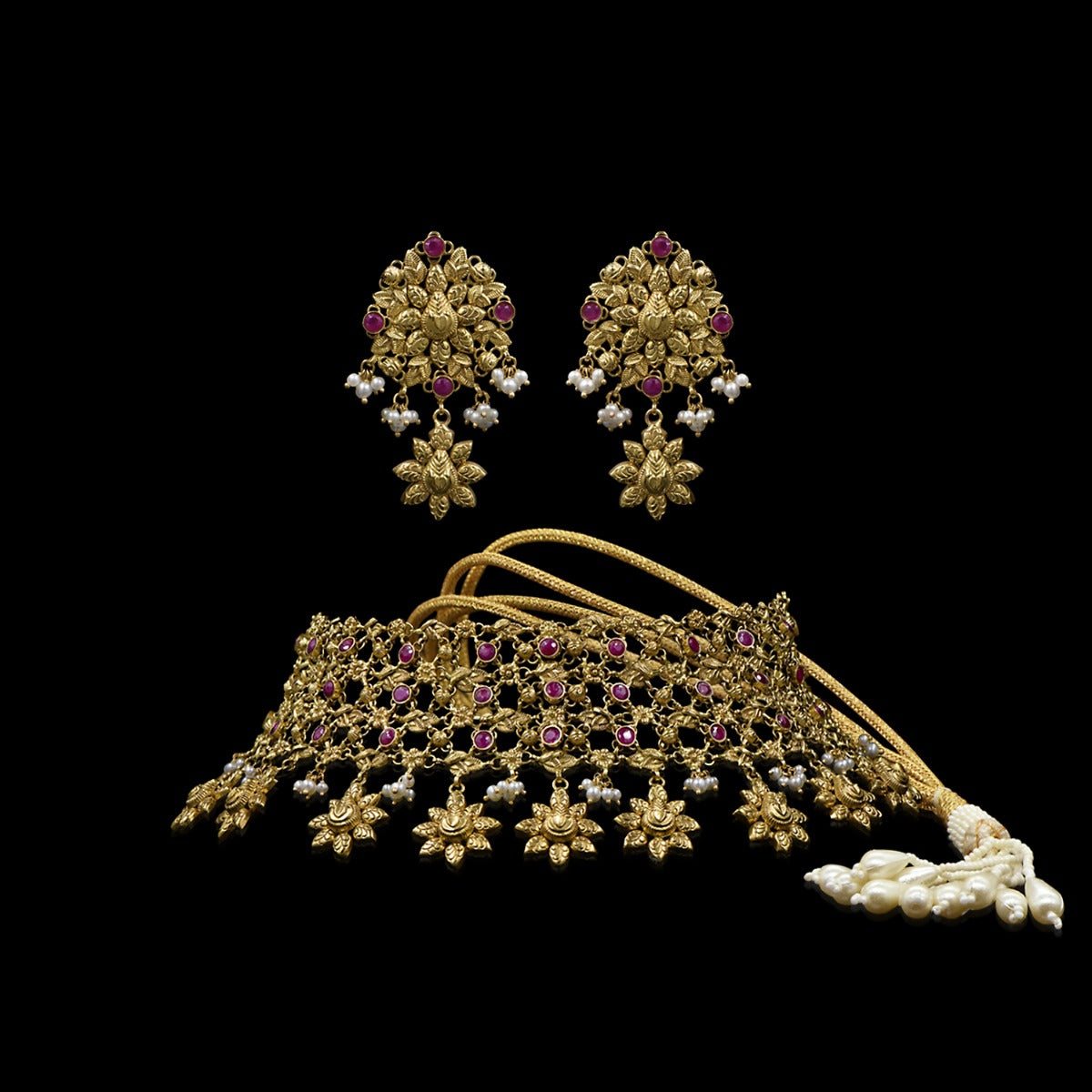 Pink Flowery Gold Choker Set