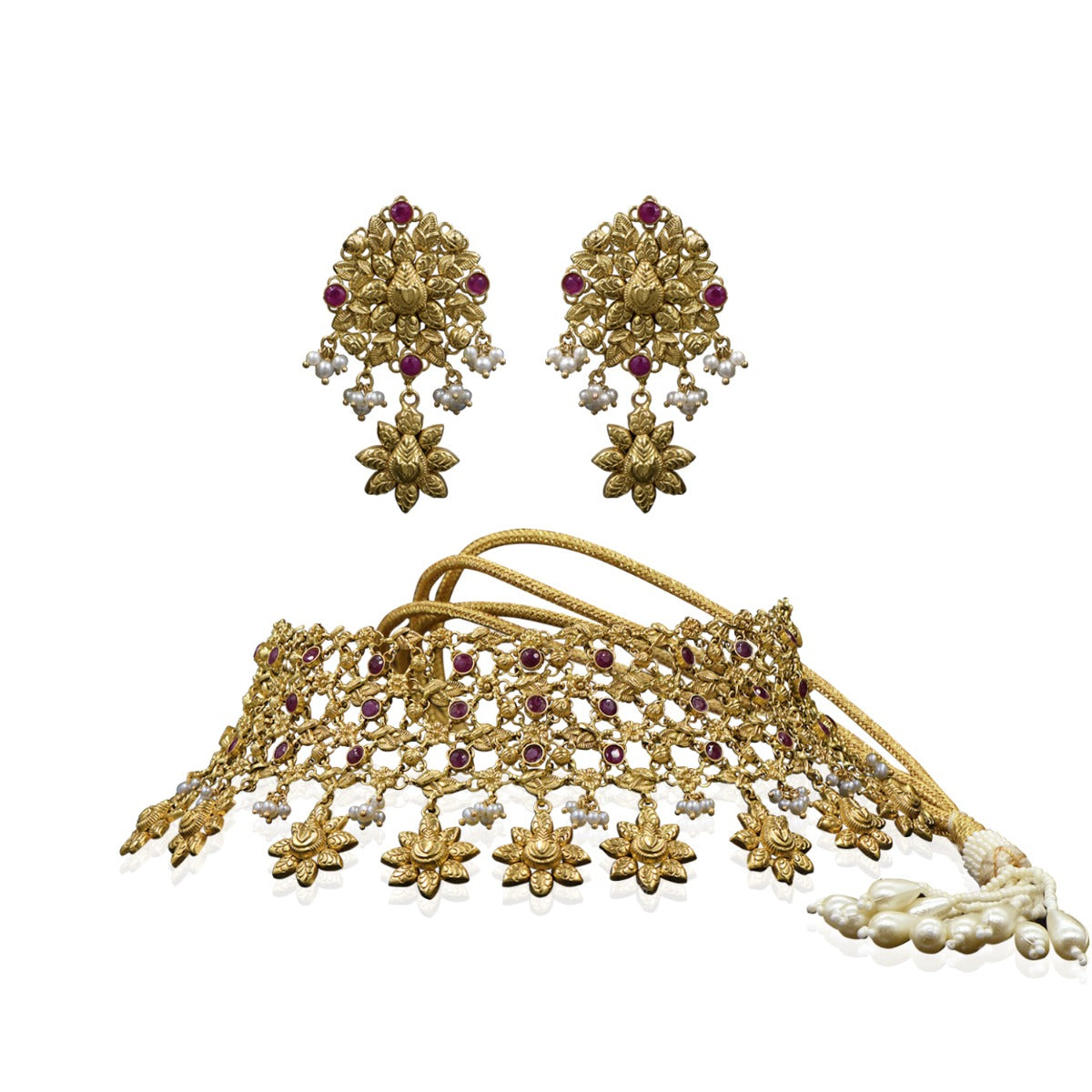 Pink Flowery Gold Choker Set