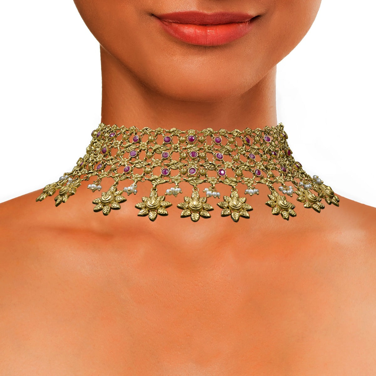Pink Flowery Gold Choker Set