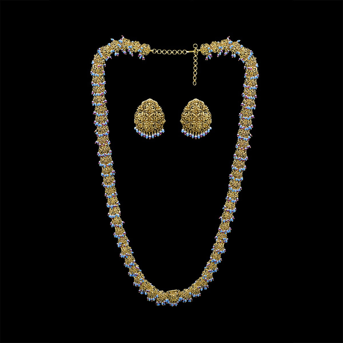 Carved Circle Motif Long Necklace Set