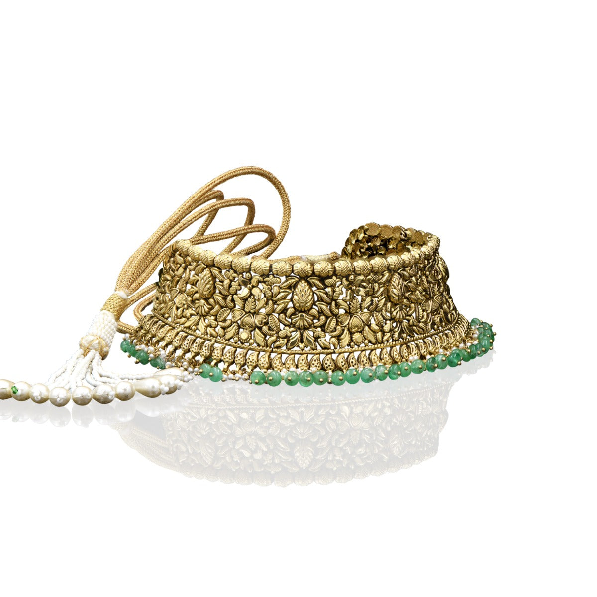 Green Embellished Gold Choker Set