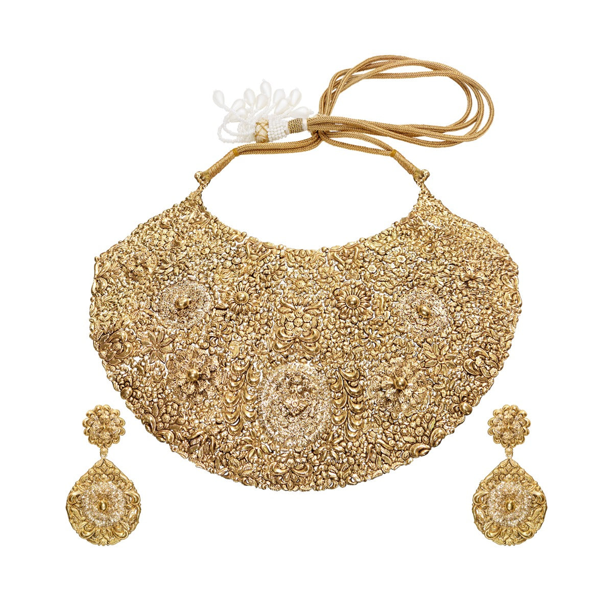 Intricately Etched Broad Gold Necklace Set