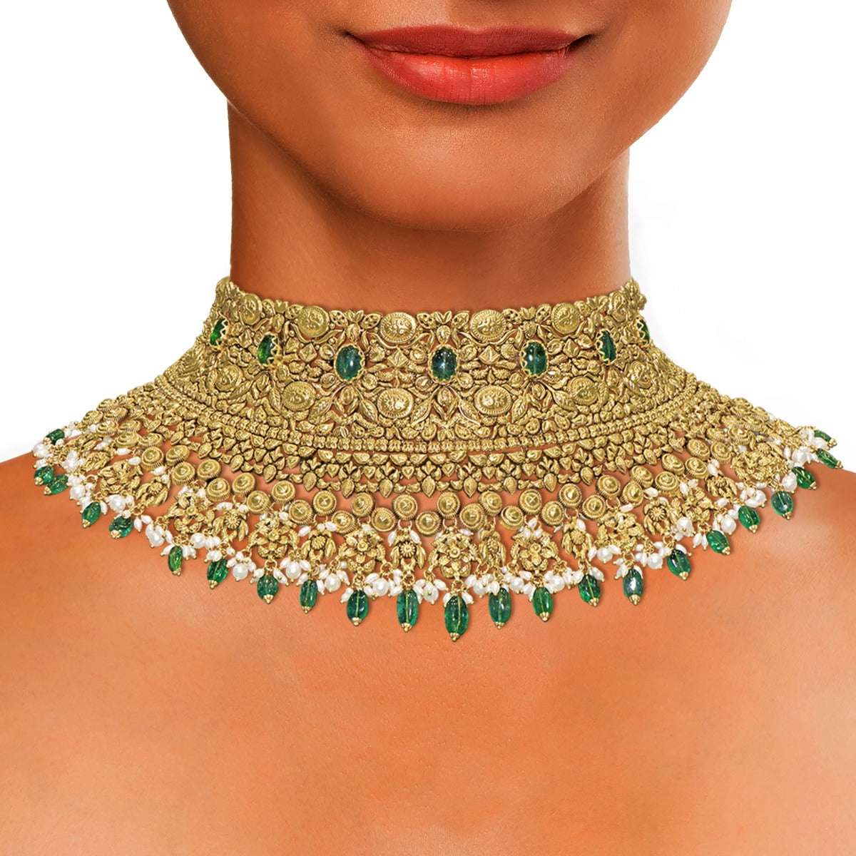 Tiny Green Knitted Gold Choker Set