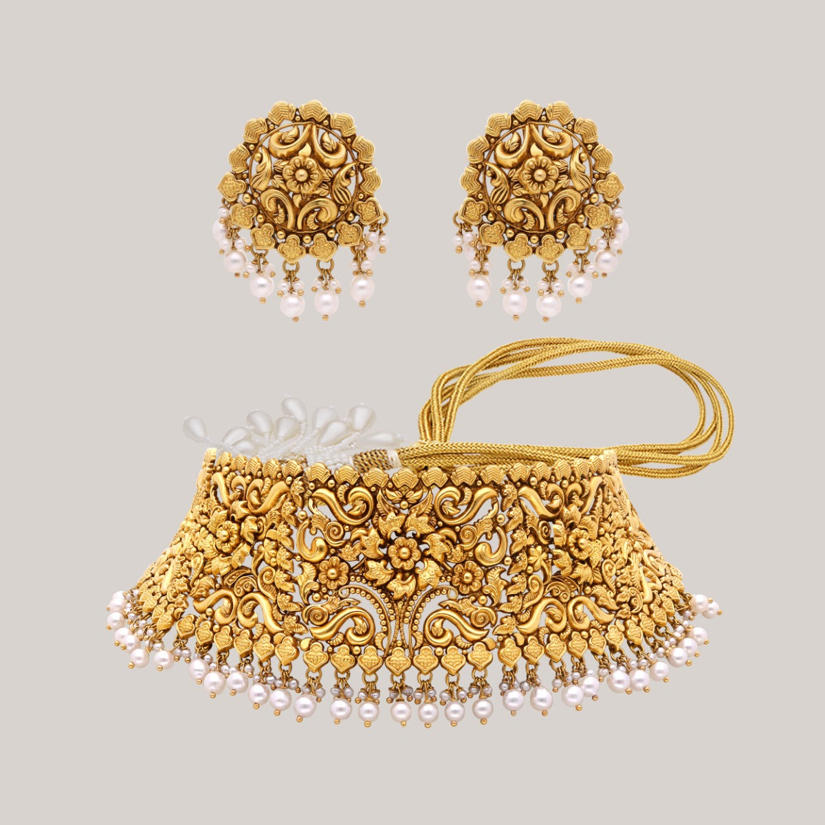 Floral Embossed Pearl Gold Choker Set
