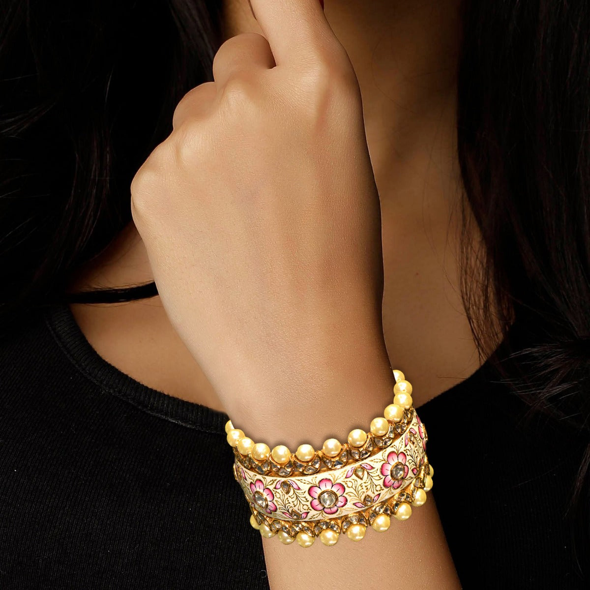 Pearly Blossom Polki Bangle