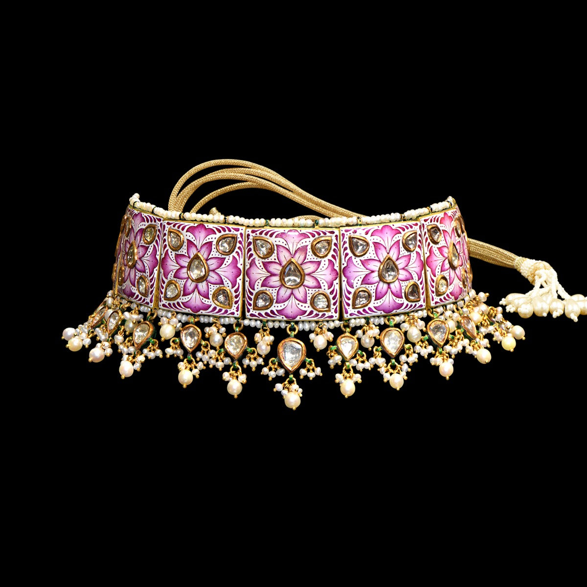 Pink Puff Flower Polki Choker Set