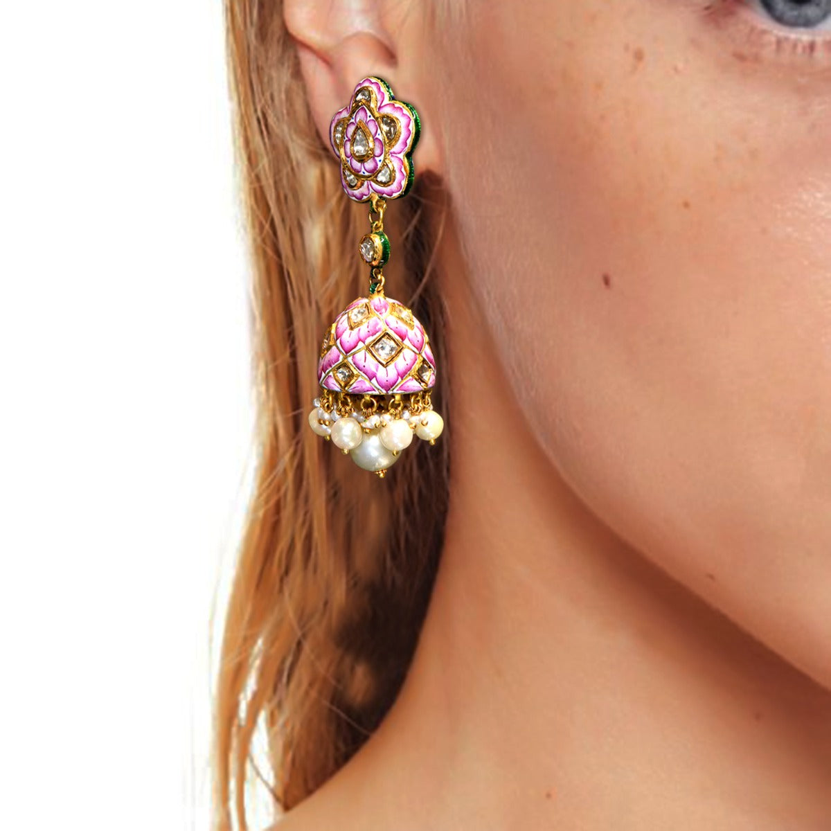 Pink Sunflower Polki Jhumka