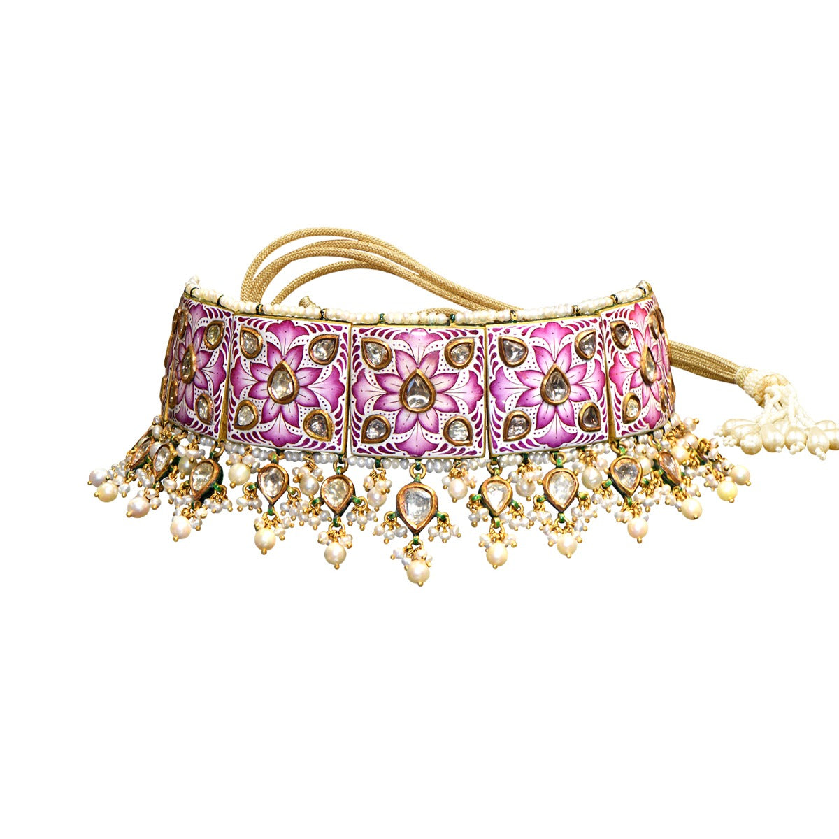 Pink Puff Flower Polki Choker Set