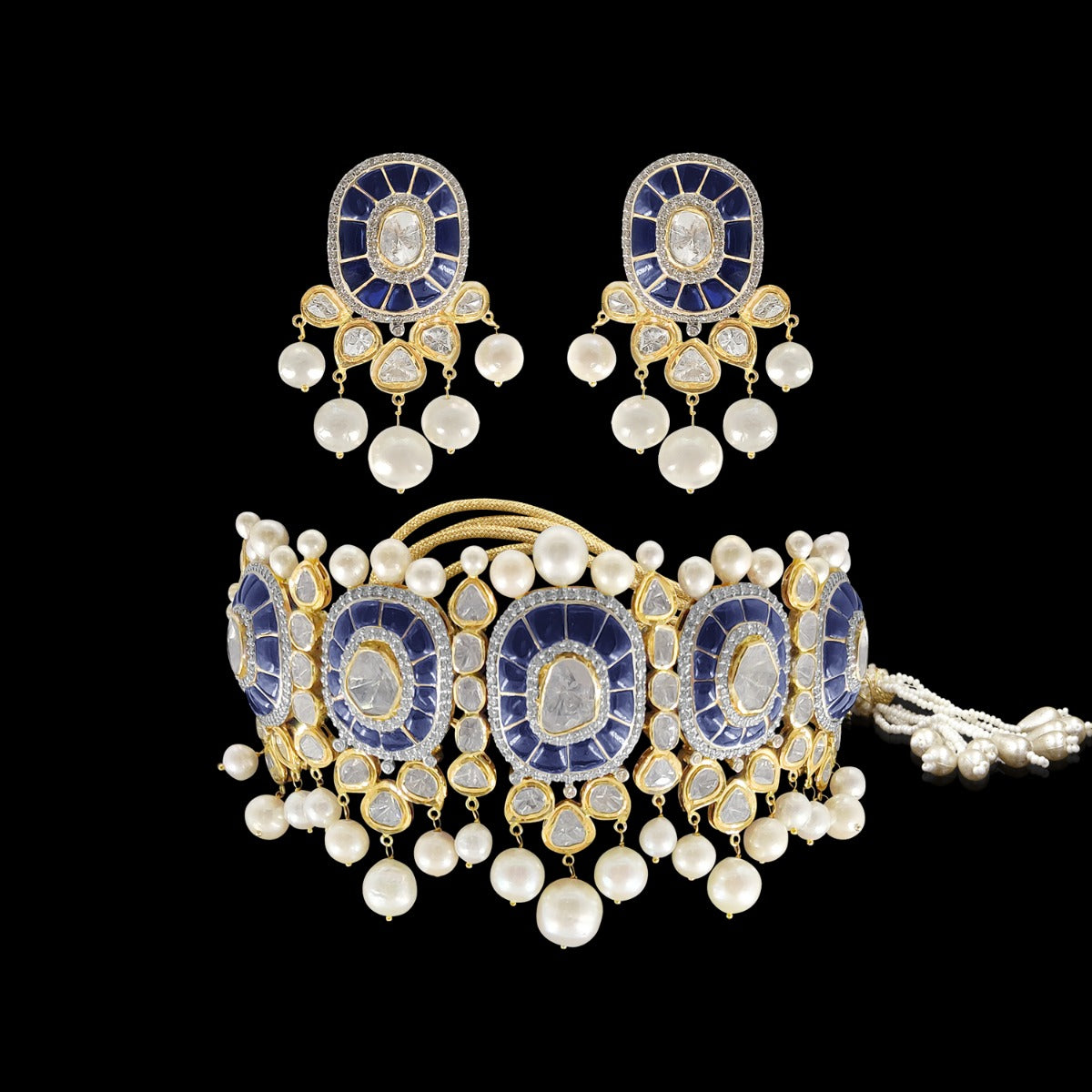 Blue White Pearl Polki Necklace Set