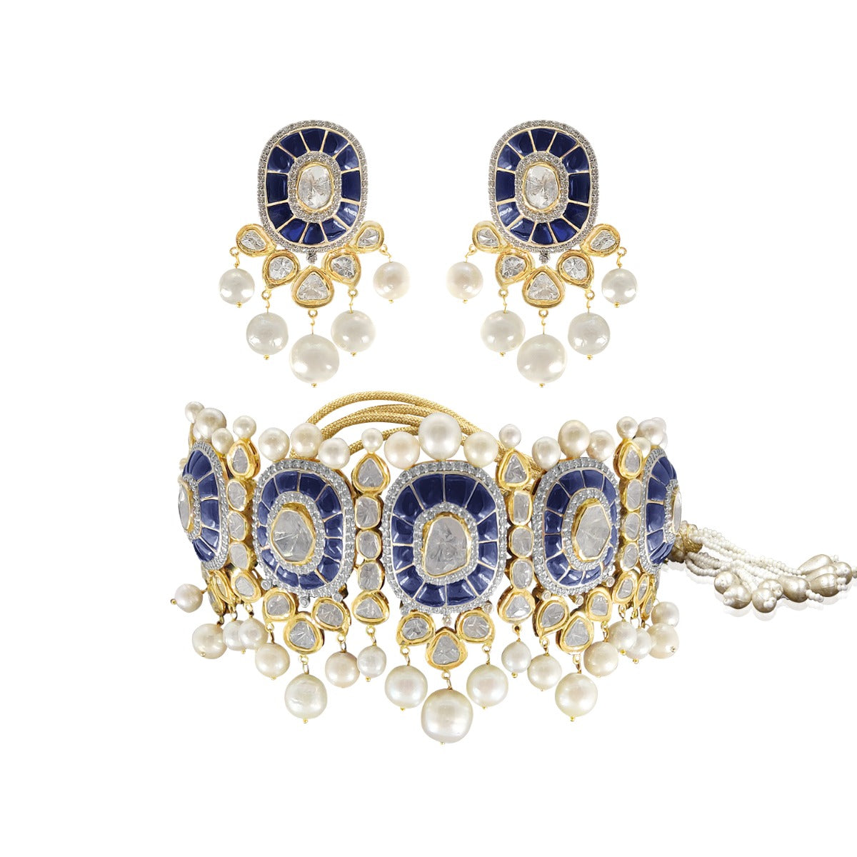 Blue White Pearl Polki Necklace Set