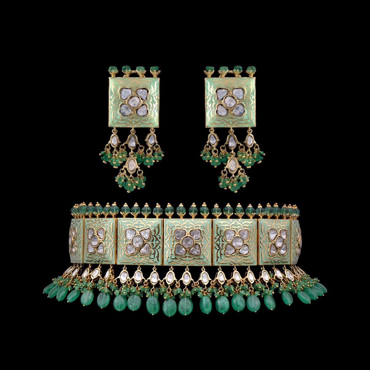 Aqua Green Granule Polki Choker Set