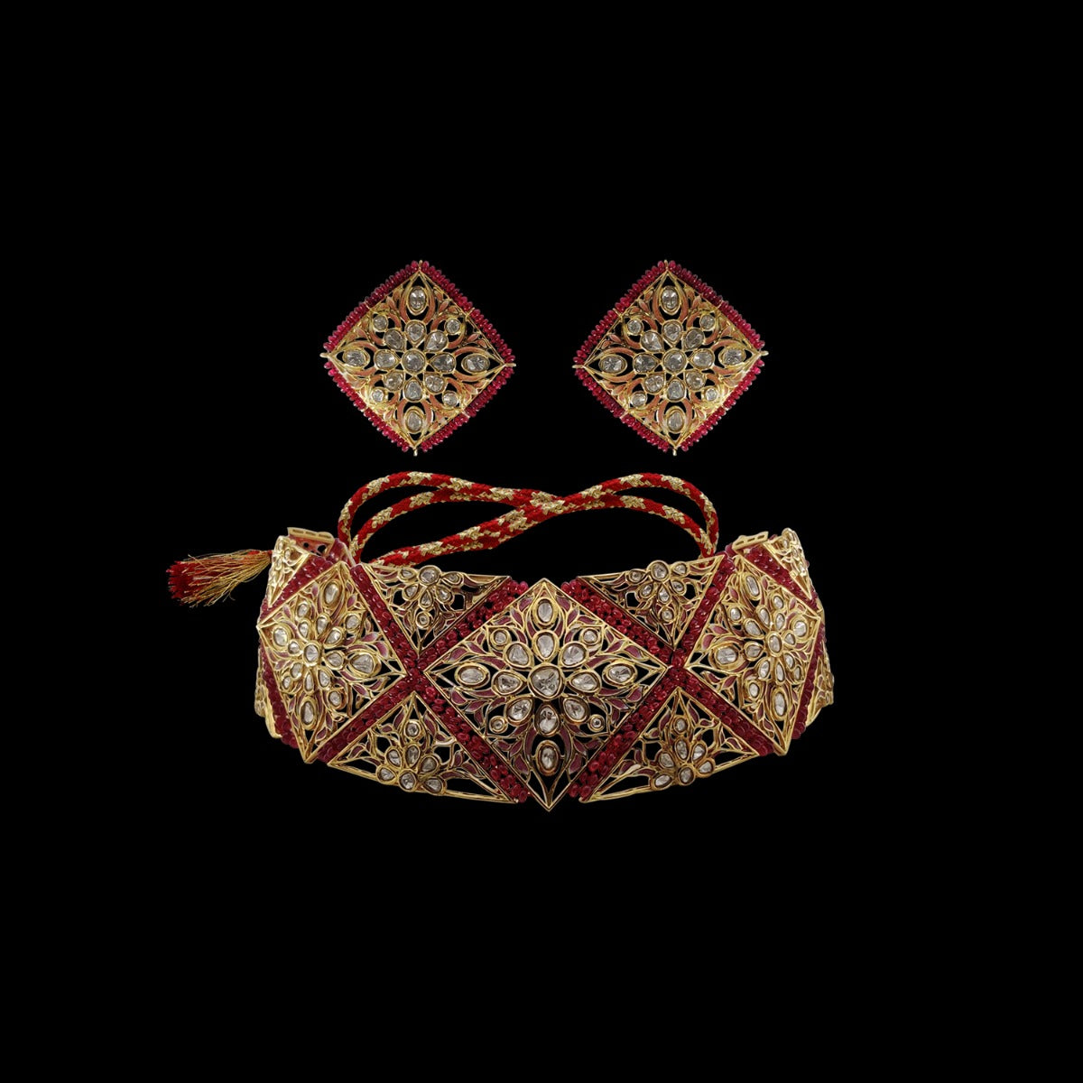 Maroon Gold Stiff Polki Necklace Set