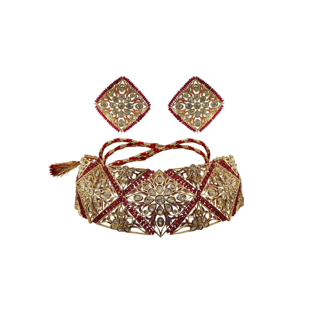 Maroon Gold Stiff Polki Necklace Set