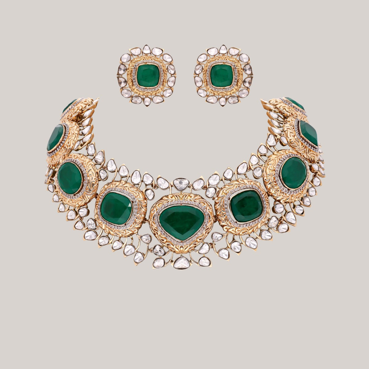 Majestic Emerald Cascade Polki Necklace Set