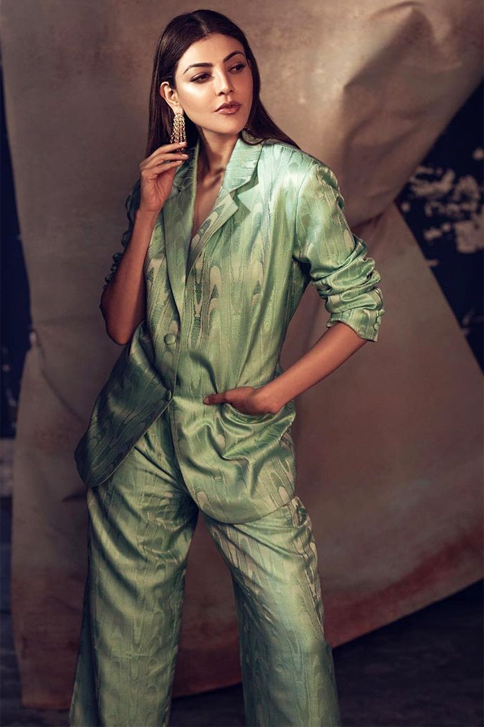 Kajal Aggarwal’s satin silk pantsuit will inspire you to add pistachio green to your closet